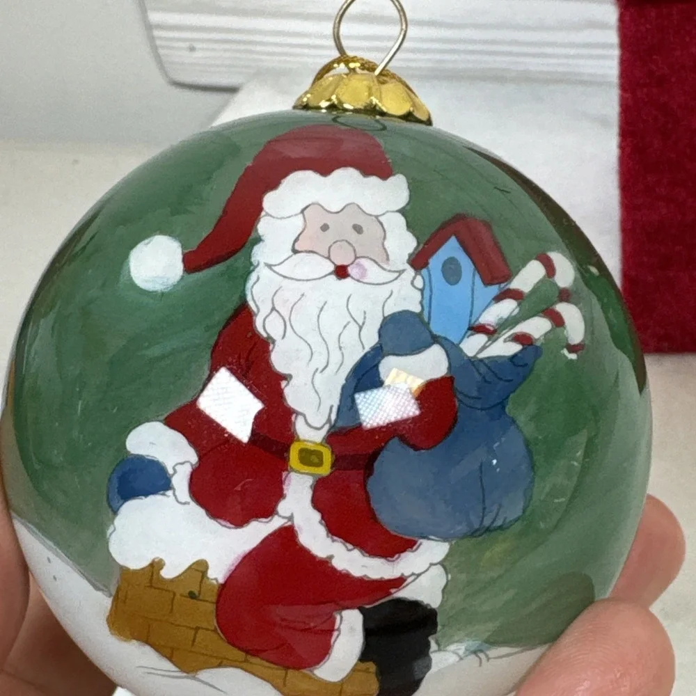 Christmas House Hand Painted Santa Claus Glass Ornament Velvet Box